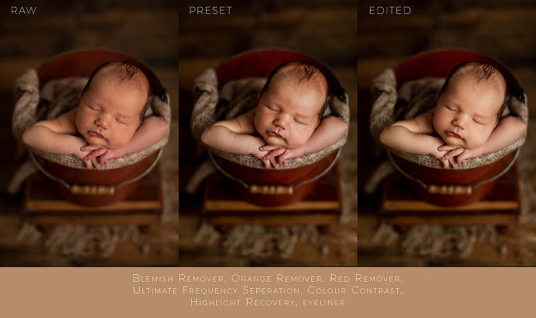 before and after of a newborn photo edited with photoshop actions.
