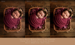 before and after of a newborn photo edited with photoshop actions.