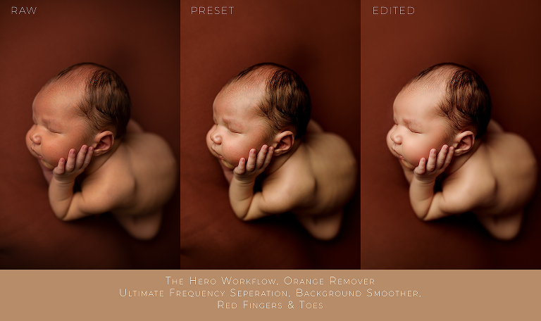 before and after of a newborn photo edited with photoshop actions.